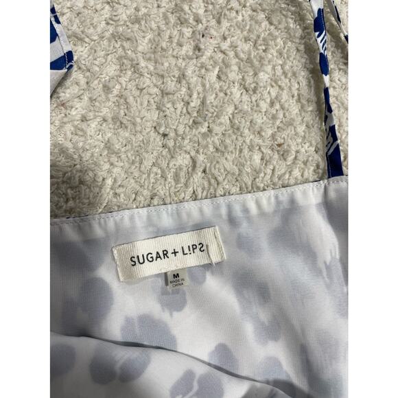 Sugar + Lips Womens Size M One Shoulder Ruffled V Neckline Mini Dress Blue White - Picture 8 of 9